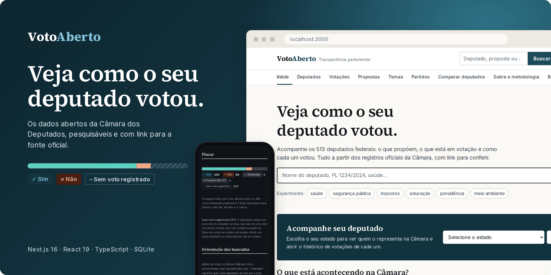 Página inicial do Voto Aberto no computador e o placar de uma votação no celular